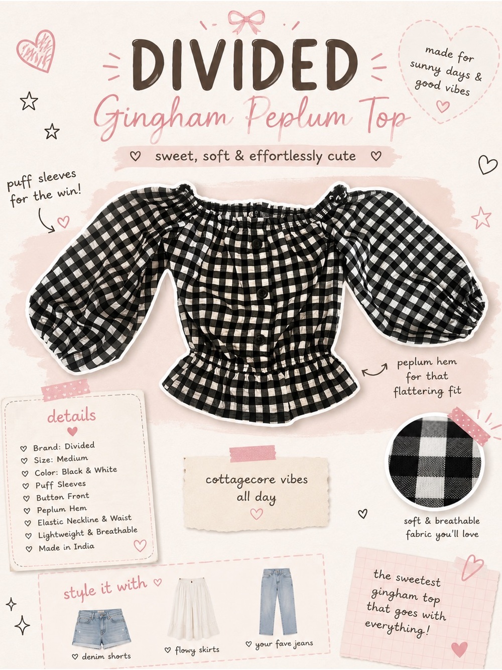 Divided Black and White Gingham Peplum Top